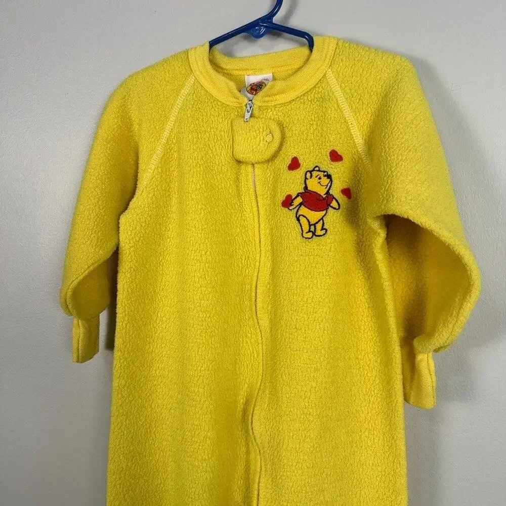 Vintage Winnie The Pooh Footed Sleeper Pajamas 4T Dinsey Fleece 90's Yellow